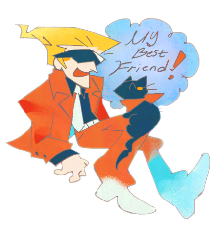 okiroash's tweet photo. the man in red and the black cat https://t.co/TsmpPQNVyY