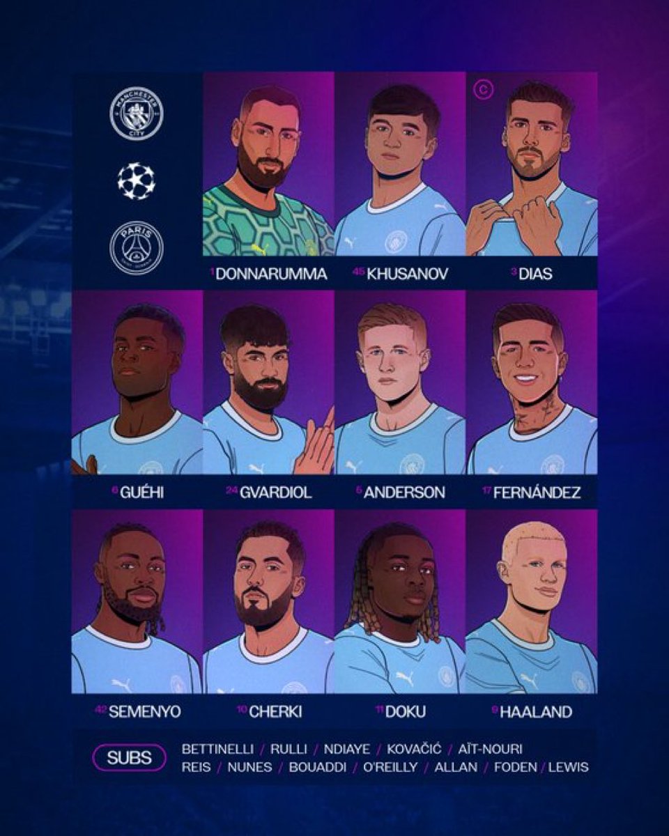 Mercado_Ingles's tweet photo. 🏴󠁧󠁢󠁥󠁮󠁧󠁿🇫🇷 𝗧𝗜𝗧𝗨𝗟𝗔𝗥𝗘𝗦: XI del Manchester City para enfrentar al París Saint Germain por la jornada 2 de la Fase de Liga de la UEFA Champions League: https://t.co/wIIYs1YGNu