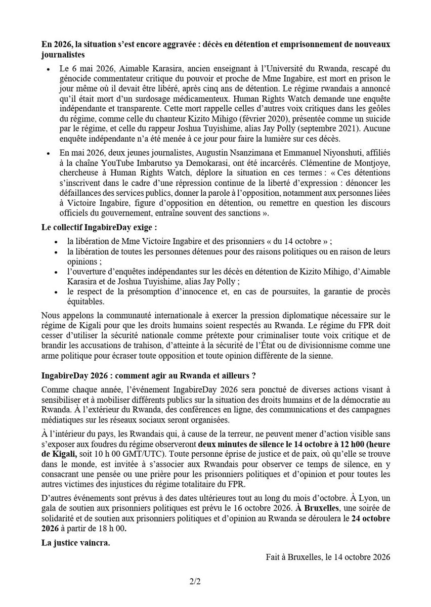 rifdp's tweet photo. C'est le 14 Octobre 2026, journée dédiée aux prisonniers politiques et d'opinion au #Rwanda. Voici les communiqués de presse (FR, EN) du Collectif Ingabire Day @ingabireday @LeVif @RTBFinfo @lavenir_net @lesoir @lalibrebe https://t.co/84eU3eNVlv