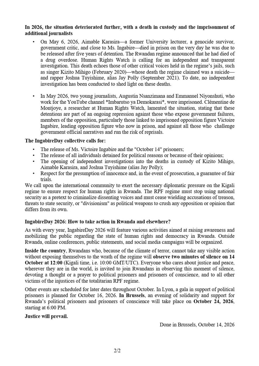 rifdp's tweet photo. C'est le 14 Octobre 2026, journée dédiée aux prisonniers politiques et d'opinion au #Rwanda. Voici les communiqués de presse (FR, EN) du Collectif Ingabire Day @ingabireday @LeVif @RTBFinfo @lavenir_net @lesoir @lalibrebe https://t.co/84eU3eNVlv