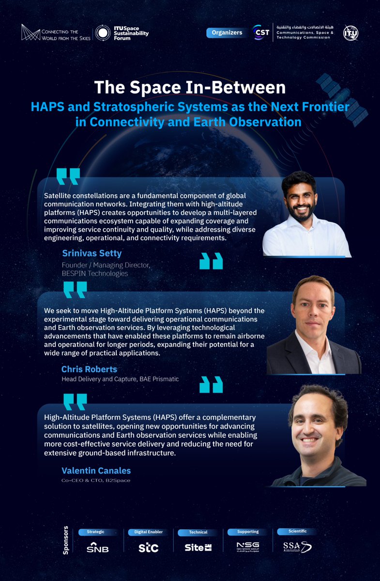 CST_KSA's tweet photo. @B2_Space @pmuofficial A discussion featuring an elite group of academics and industry experts titled "The Space In-Between: HAPS and Stratospheric Systems as the Next Frontier in Connectivity and Earth Observation".

#SCS26
#Connected_Earth_Sustainable_Space https://t.co/itFzXkZEN8