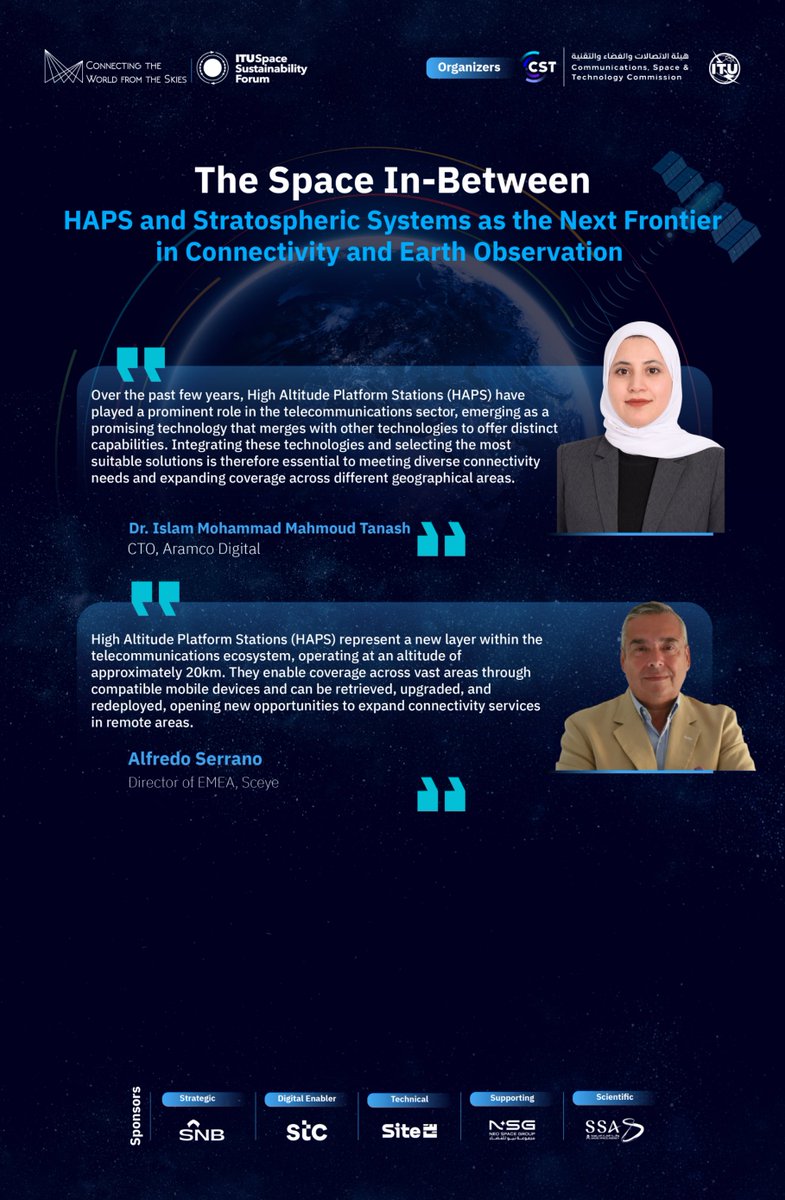 CST_KSA's tweet photo. @B2_Space @pmuofficial A discussion featuring an elite group of academics and industry experts titled "The Space In-Between: HAPS and Stratospheric Systems as the Next Frontier in Connectivity and Earth Observation".

#SCS26
#Connected_Earth_Sustainable_Space https://t.co/itFzXkZEN8