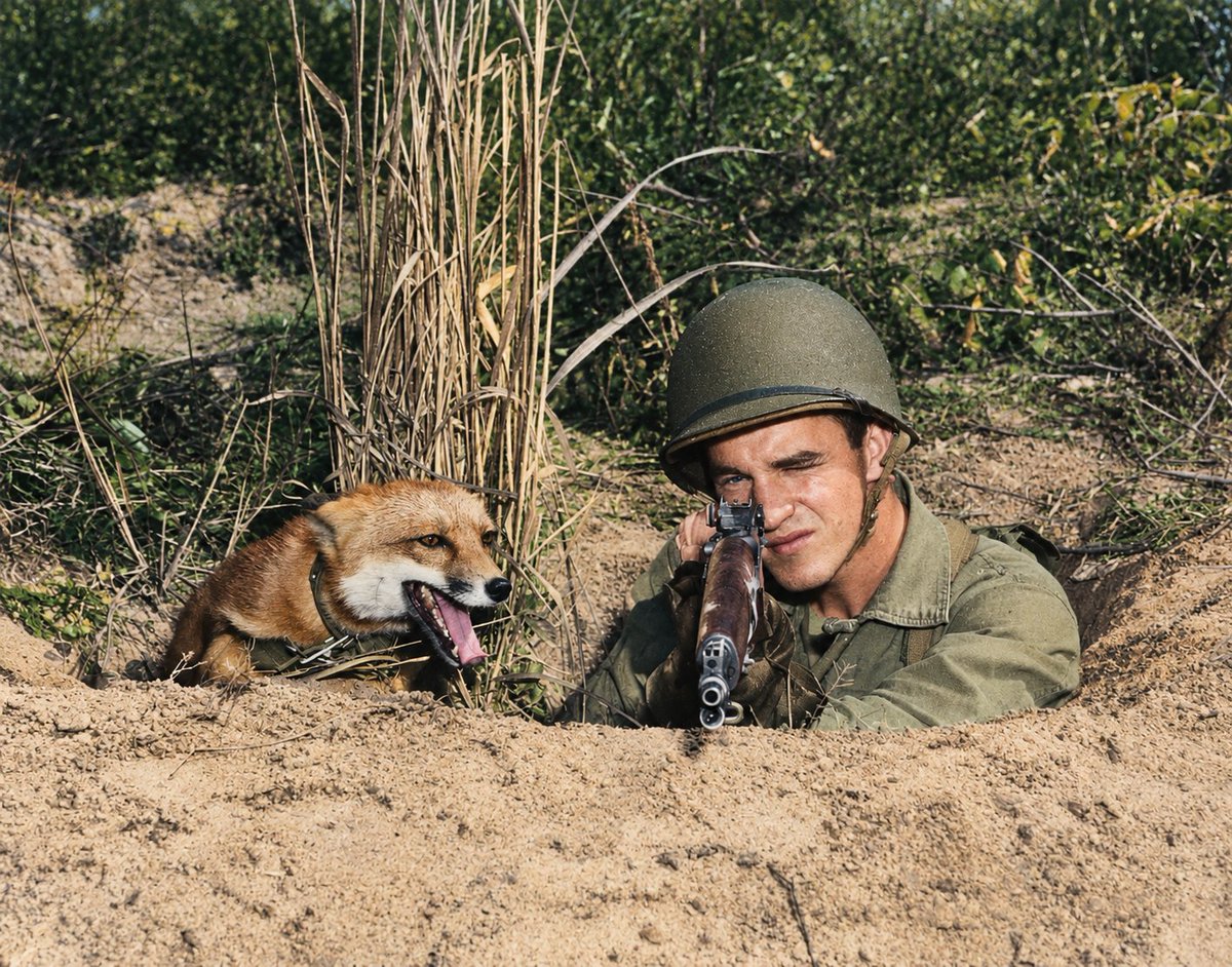VoicesofWW2's tweet photo. US Marine Private Harry Weber in exercise with his pet fox Rusty, Quantico, Virginia, United States, 14 Oct 1943 https://t.co/lQhPjZyGKe