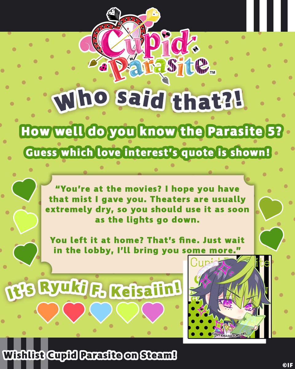 IdeaFactoryIntl's tweet photo. Answer revealed! Case 04: Ryuki F. Keisaiin

A successful fashion designer and member of the Keisaiin fashion family dynasty. A fashionista who may love a bit more quietly than the rest of Parasite 5!

Ryuki is always prepared to take care of you even in the smallest of ways!

#CupiParaOnSteam #CupidParasite