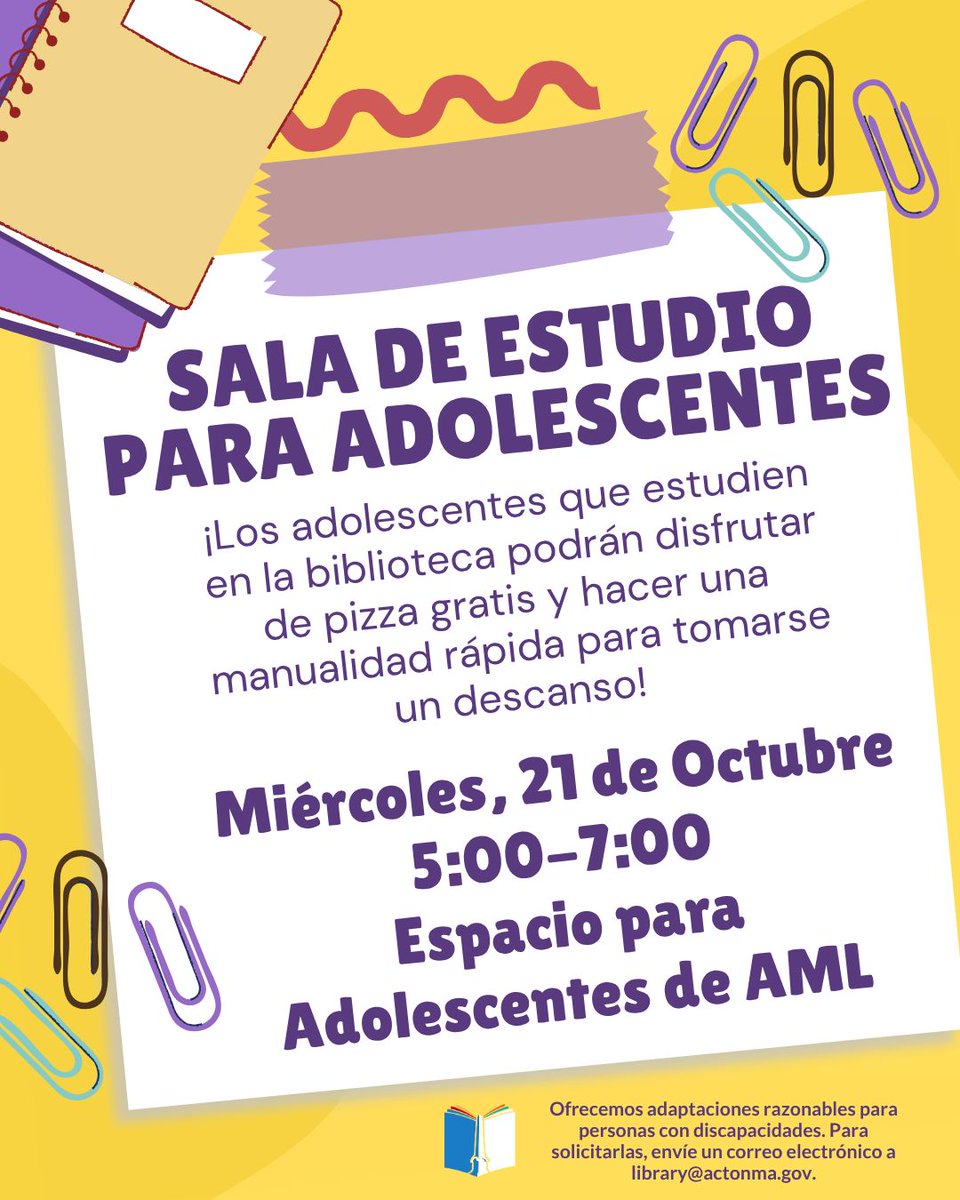 ActonMemLibrary's tweet photo. Teen Study Hall is on October 21st! We'll have air-dry clay available for you to make your own (haunting) creatures or creations as you take a break from your homework. Pizza will be served at 6:00 PM! See bio for accessibility info.  #AML #ActonMA #LibraryEvents https://t.co/b4dKoQbcvK