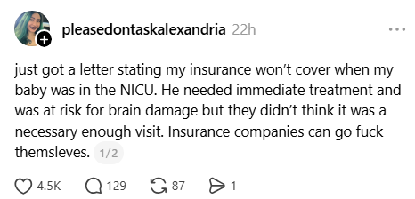 fuckyouiquit's tweet photo. If a doctor approves a procedure, no insurance company should be legally allowed to deny coverage. This is the whole reason people have insurance in the first place. If we're going to keep this shit fuck system, at least force the motherfuckers to play by the rules they wrote. https://t.co/DafkBVZSzs