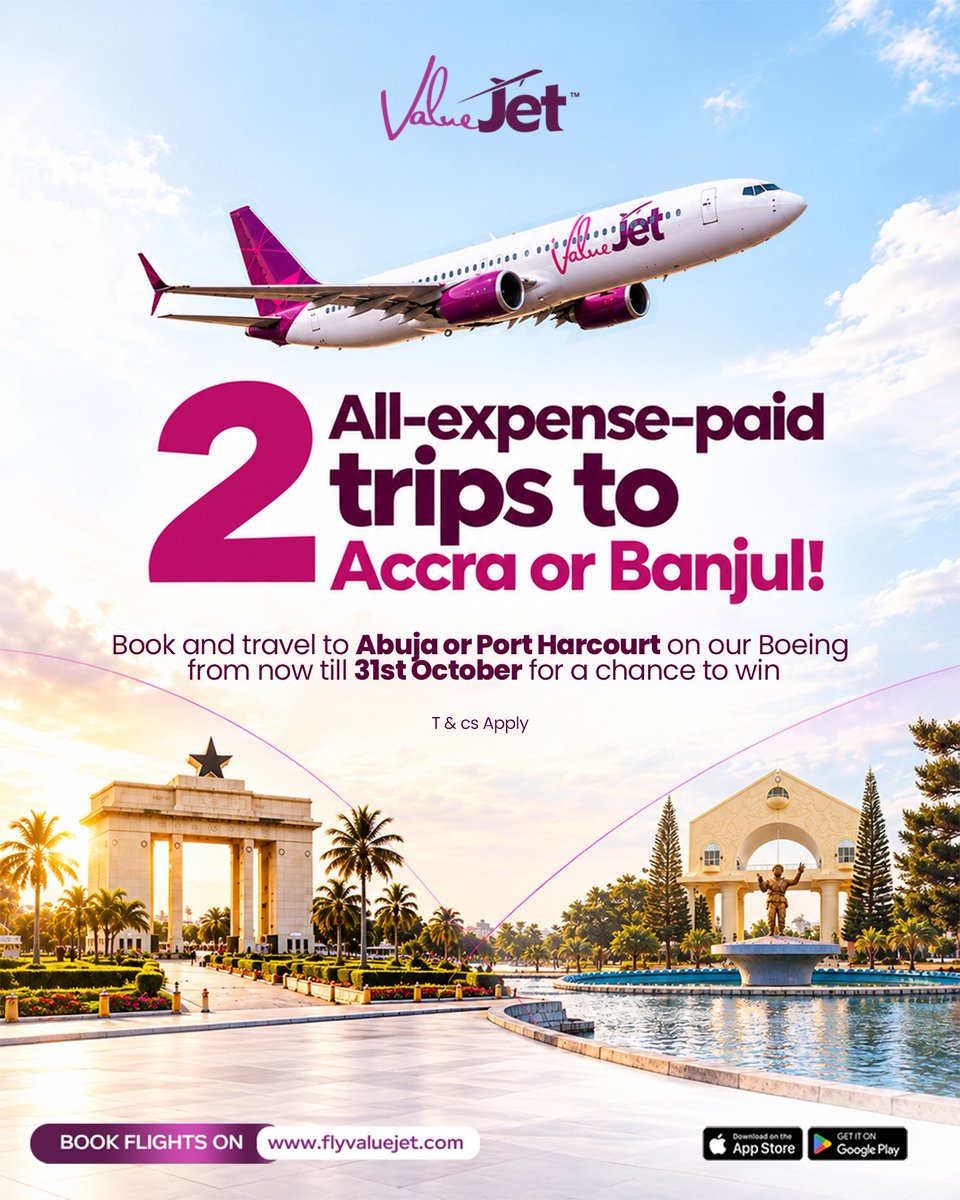 flyvaluejet's tweet photo. Accra or Banjul? 👀... Your next getaway could be with us!

Book and travel to Abuja or Port Harcourt on our Boeing before 31st October for a chance to win one of 2 all-expense-paid trips.

Ready to fly? Book at https://t.co/ut3fIhDdnq

#flyvaluejet #vjetters https://t.co/iAvXMVt03A