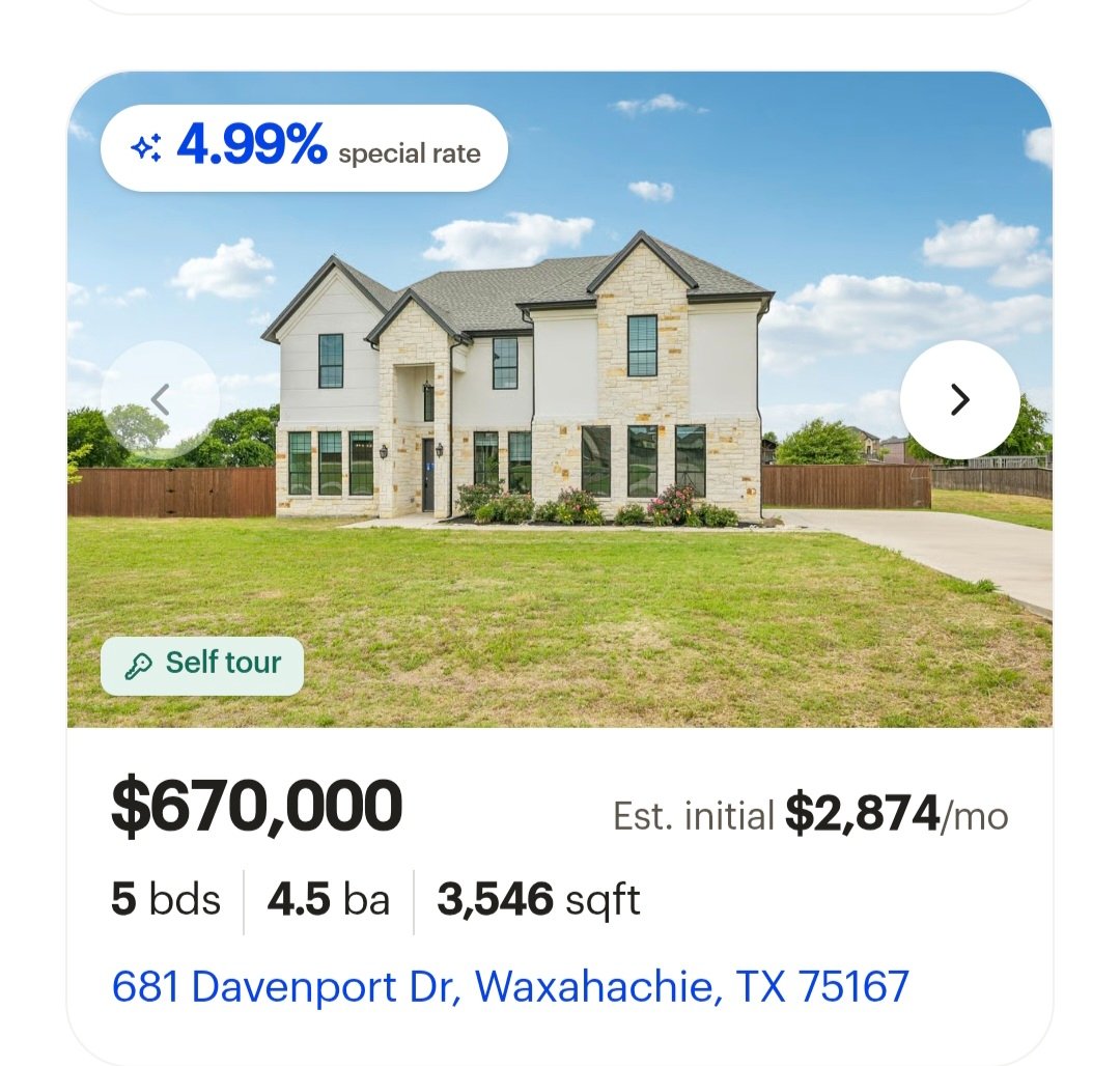 maelan_sdmr's tweet photo. Here is the most expensive Opendoor home currently eligible for the special incentive rate of 4.99% ✨️

South of Dallas, Texas.

$OPEN https://t.co/AeD8CyfKqO