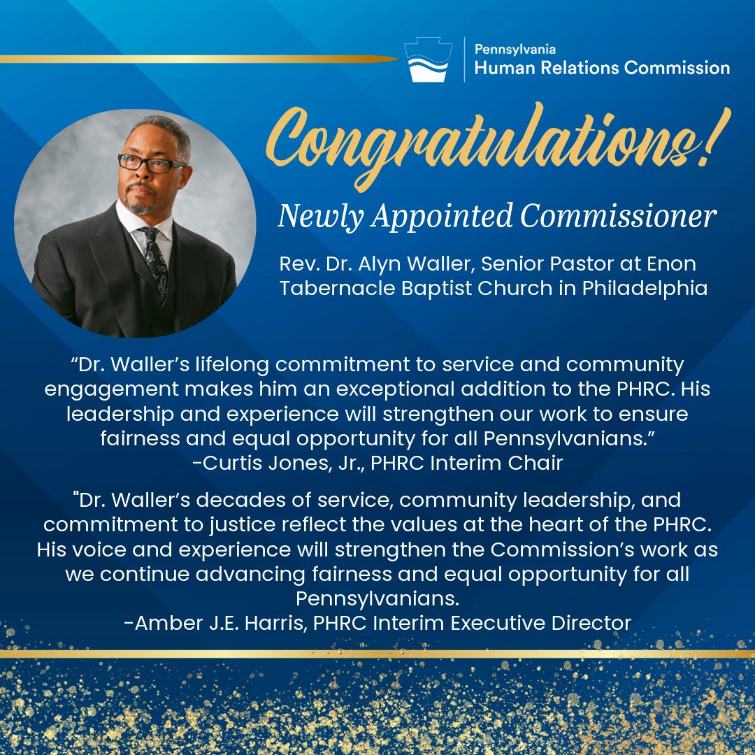 PA_HumRelComm's tweet photo. The PHRC today announced the appointment of Rev. Dr. Alyn Waller as its newest commissioner. Dr. Waller serves as the Senior Pastor at Enon Tabernacle Baptist Church in Philadelphia.

Read the full press release: https://t.co/uncclm4TBG https://t.co/uwqk4WMZDe