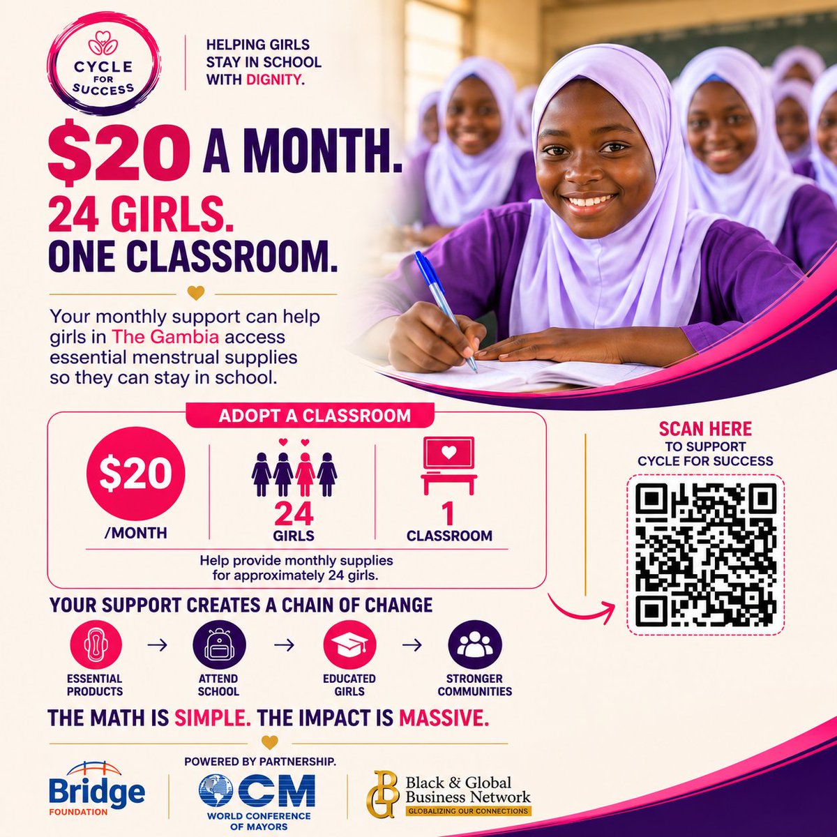 blackandglobal1's tweet photo. $20 a month. 24 girls. One classroom. 💜

Your small monthly commitment can help girls in The Gambia access essential menstrual supplies and stay in school.

Small contribution. Life-changing opportunity.

👉 Become a Champion: https://t.co/Z4XhZHNh7l https://t.co/eAG8H2aNDn