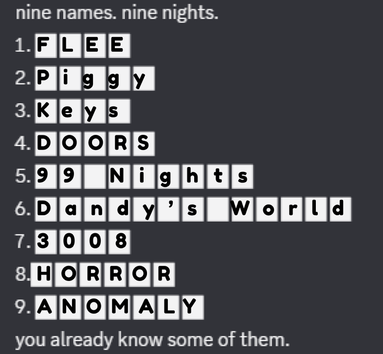 XxMakio's tweet photo. @Roblox My personal theory.  

- Flee the facility / BEARS 
- Piggy 
- Keys 
- Doors 
- 99 Nights 
- Dandy's World 
- 3008
- Survive the Killer / The Mimic
- Animal Hospital (Anomaly) https://t.co/LZnOXssek1