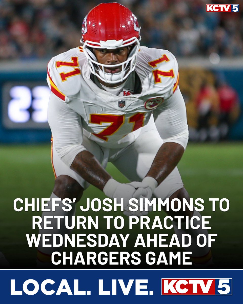 KCTV5's tweet photo. JUST IN: Chiefs’ Josh Simmons to return to practice in limited fashion Wednesday ahead of Chargers game

MORE >>> https://t.co/T68GBPKwI5 https://t.co/Q0Cat2ZgzS
