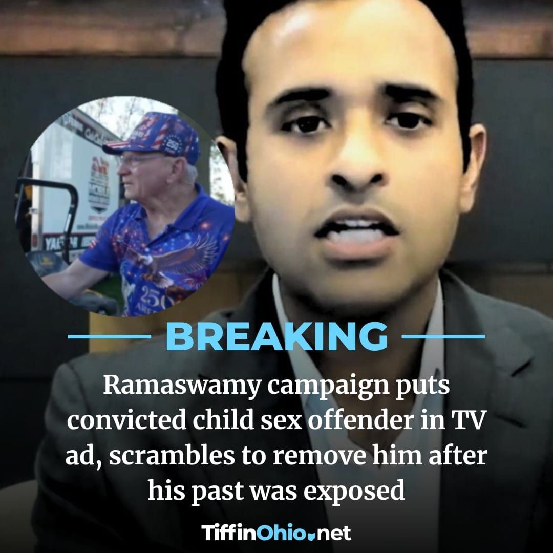 TiffinOhioNews's tweet photo. Vivek Ramaswamy's campaign put a convicted child sex offender in a TV ad about property taxes. Vernon Edwards pleaded guilty to molesting his niece, under 13, and served eight years — records public for nearly 20 years. The campaign only pulled him after reporters asked.
Read more: https://t.co/3AjrcirqhC