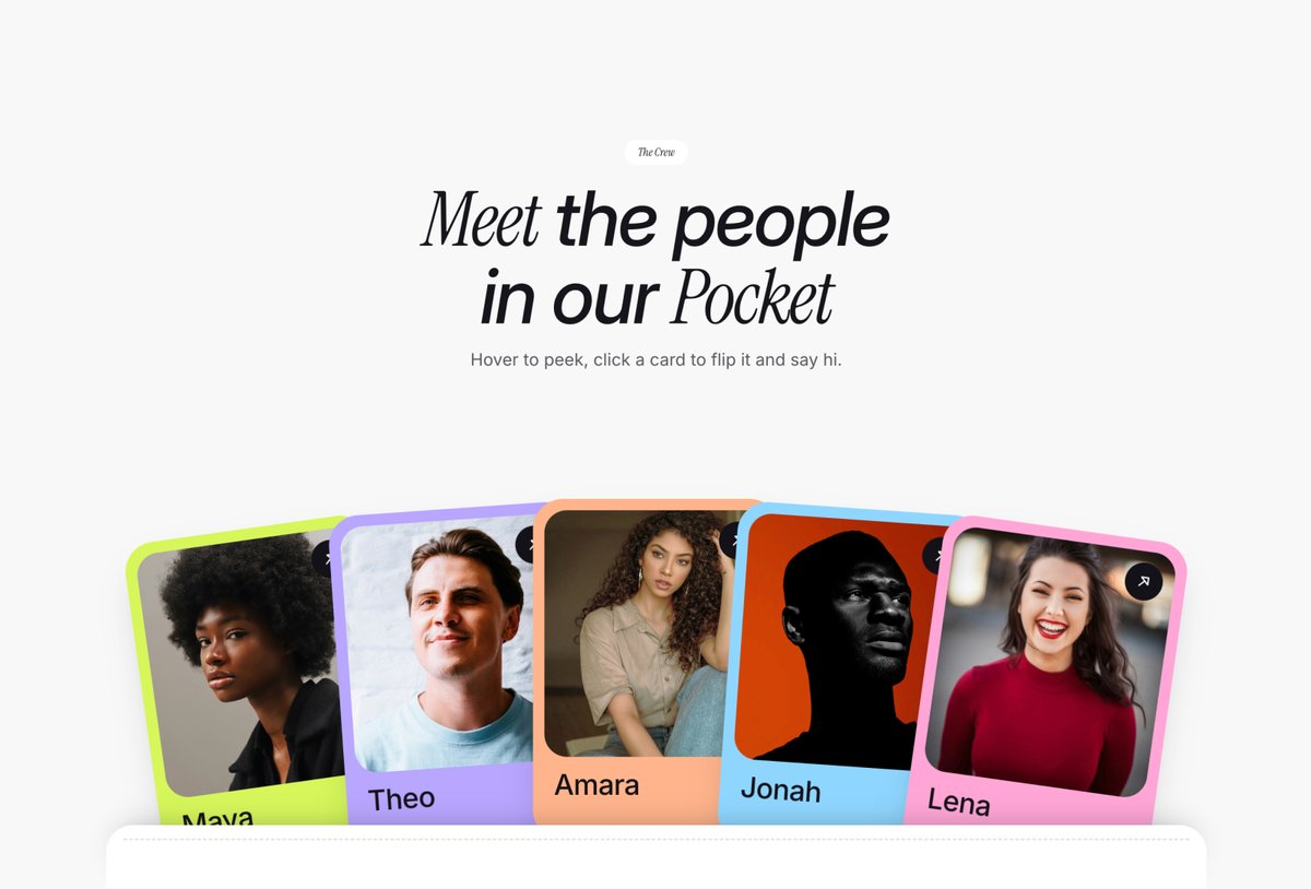 kasunuiux's tweet photo. Most team sections are just a grid of headshots.

I wanted visitors to actually play with the people behind a brand, 

so each card peeks out of a pocket and flips to reveal who they are. https://t.co/gi8WzuFbUF