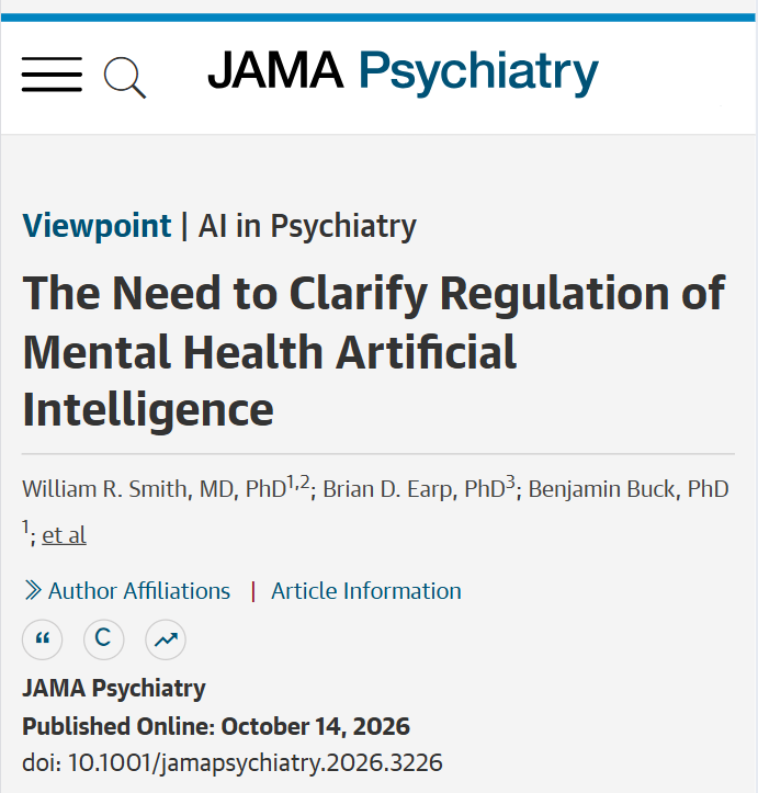 JAMAPsych's tweet photo. 💬 Viewpoint: Current laws governing #ArtificialIntelligence in mental health may be difficult to enforce because key terms such as therapy, self-help, companion chatbot, and intended use are not clearly defined. 

https://t.co/TkUKNow7uw https://t.co/7y1hlDh9xY