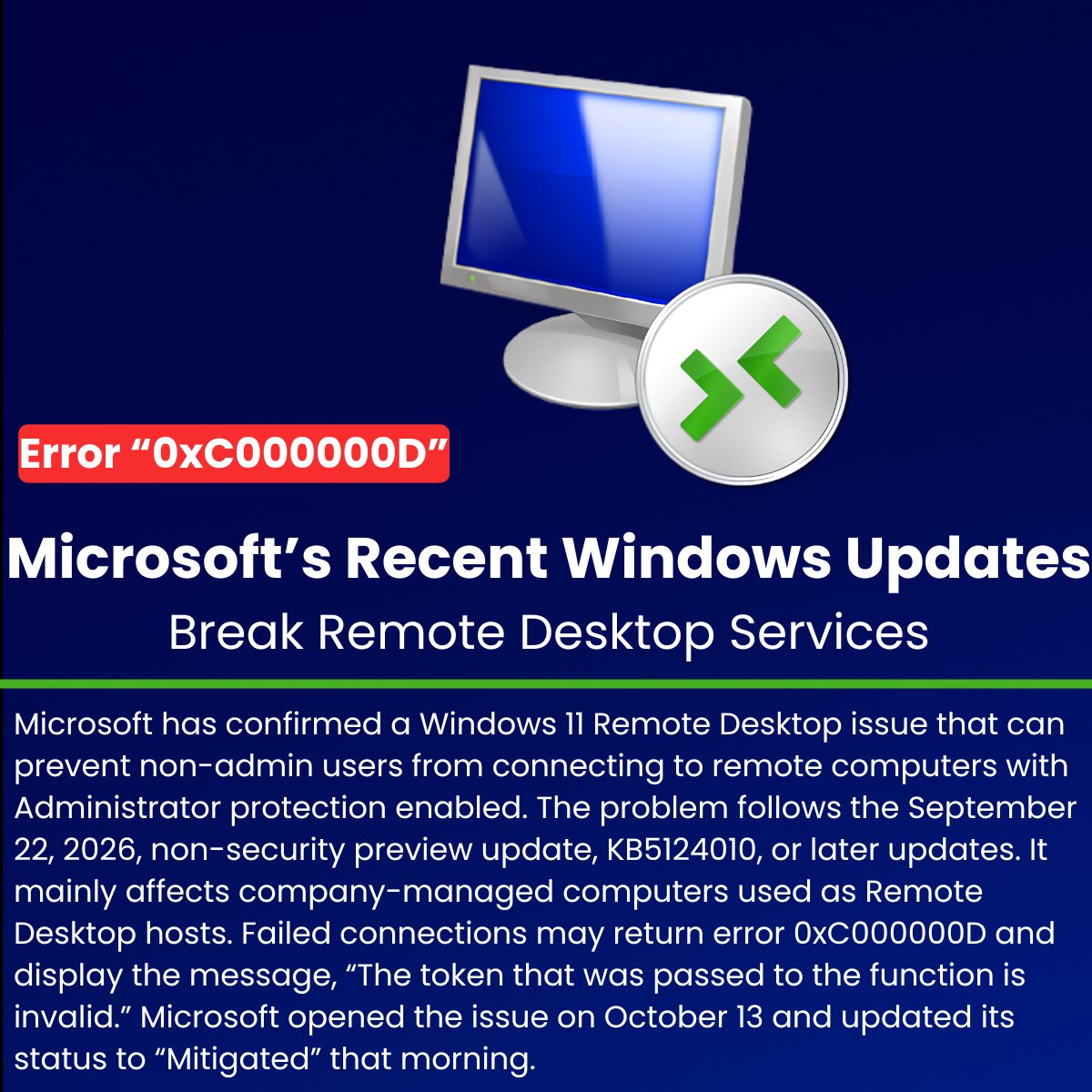 The_Cyber_News's tweet photo. ⚠️  Microsoft’s Recent Windows Updates Break Remote Desktop Services With Error “0xC000000D” 

Details: https://t.co/tyyfz8k06m

Microsoft has confirmed a Windows 11 Remote Desktop issue that can prevent non-admin users from connecting to remote computers with Administrator protection enabled.

The problem follows the September 22, 2026, non-security preview update, KB5124010, or later updates. It mainly affects company-managed computers used as Remote Desktop hosts.

Failed connections may return error 0xC000000D and display the message, “The token that was passed to the function is invalid.” Microsoft opened the issue on October 13 and updated its status to “Mitigated” that morning.

#cybersecuritynews #Technews