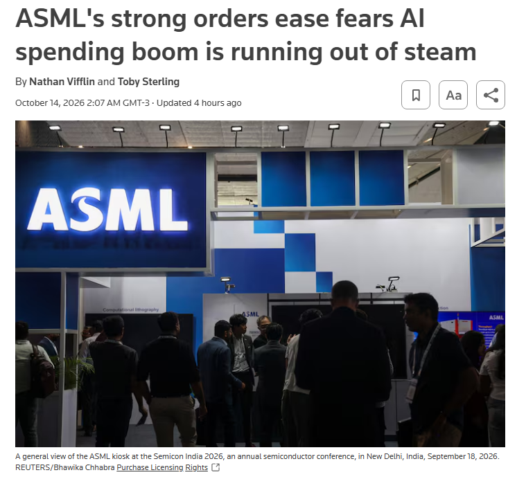claraisbusy's tweet photo. ASML’s latest Q3 order beat is the exact financial reassurance Wall Street needed to keep dumping capital into frontier AI compute. 

betting against semiconductor demand right now is basically like assuming Godzilla won't smash through a skyline in the third act. 

the hyper scaler capex train isn't slowing down, and lithography tooling remains the ultimate choke point for the entire ecosystem