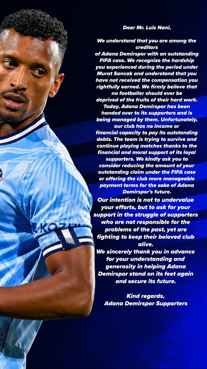 adssdigital's tweet photo. 🔵 We ask you to show flexibility regarding the money owed to you and give us hope for the future of Adana Demirspor. Your understanding and support could be a truly valuable step toward securing the club’s future.

@luisnani
#YaşasınDemirspor https://t.co/Idttgdeigx