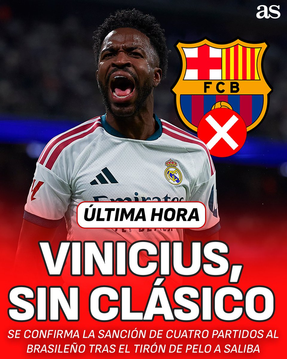 diarioas's tweet photo. 🚨 ÚLTIMA HORA

🟥 Vinicius se queda sin Clásico: ¡4 PARTIDOS de SANCIÓN para el brasileño! https://t.co/0WD6Ztgy6r