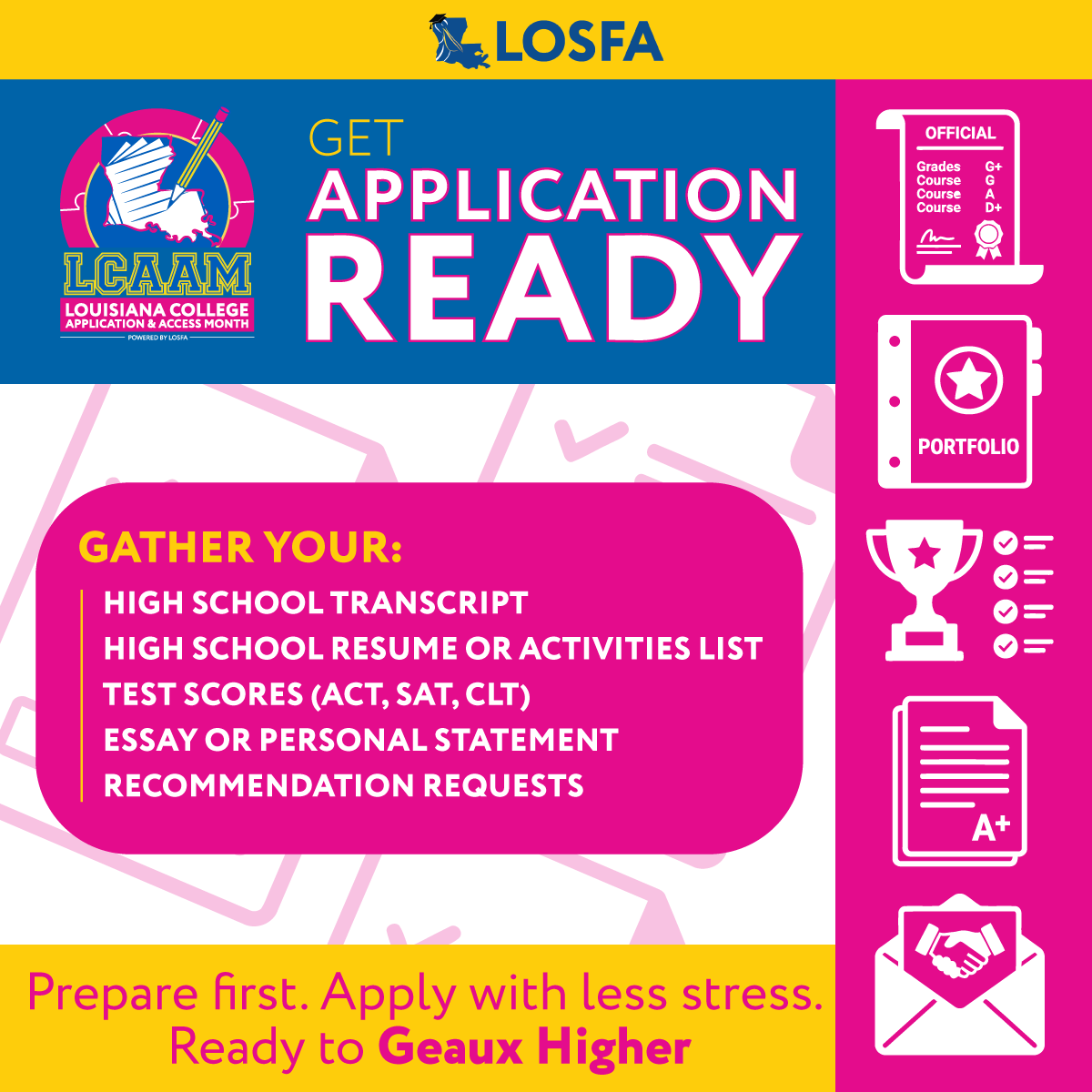 LOSFA's tweet photo. Always remember, application requirements are different at every college. 

Be sure to check each school’s official admissions requirements before gathering materials needed for the application. #LCAAM #GeauxHigherLA https://t.co/4ahRFmQWOC