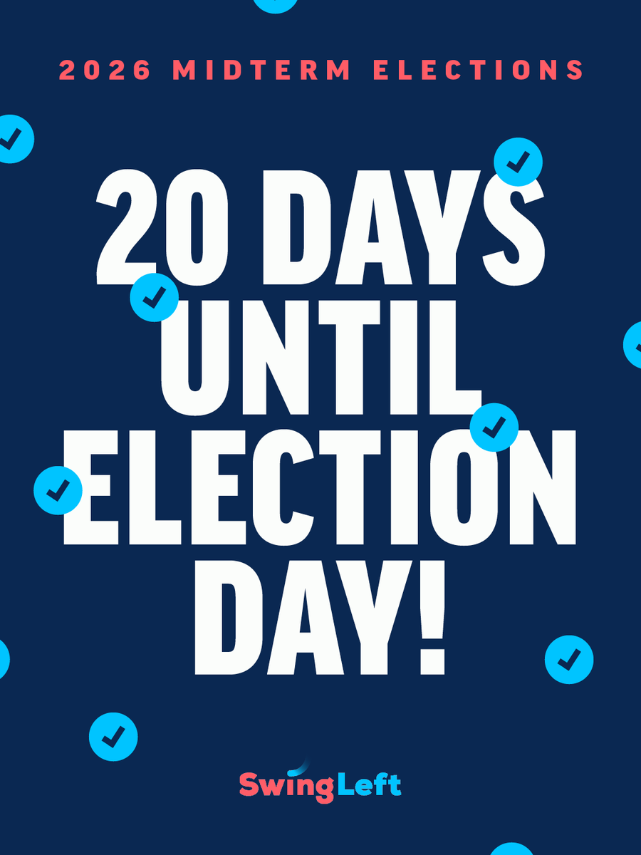 swingleft's tweet photo. 20 DAYS LEFT UNTIL ELECTION DAY! 🗣️

There’s still time to help Democrats win the House, the Senate, and key state races this fall.

Visit https://t.co/Cv476HCbJj to browse all the ways you can help defeat Republicans in the midterm elections, from phone banking and canvassing to writing letters to voters with Vote Forward.