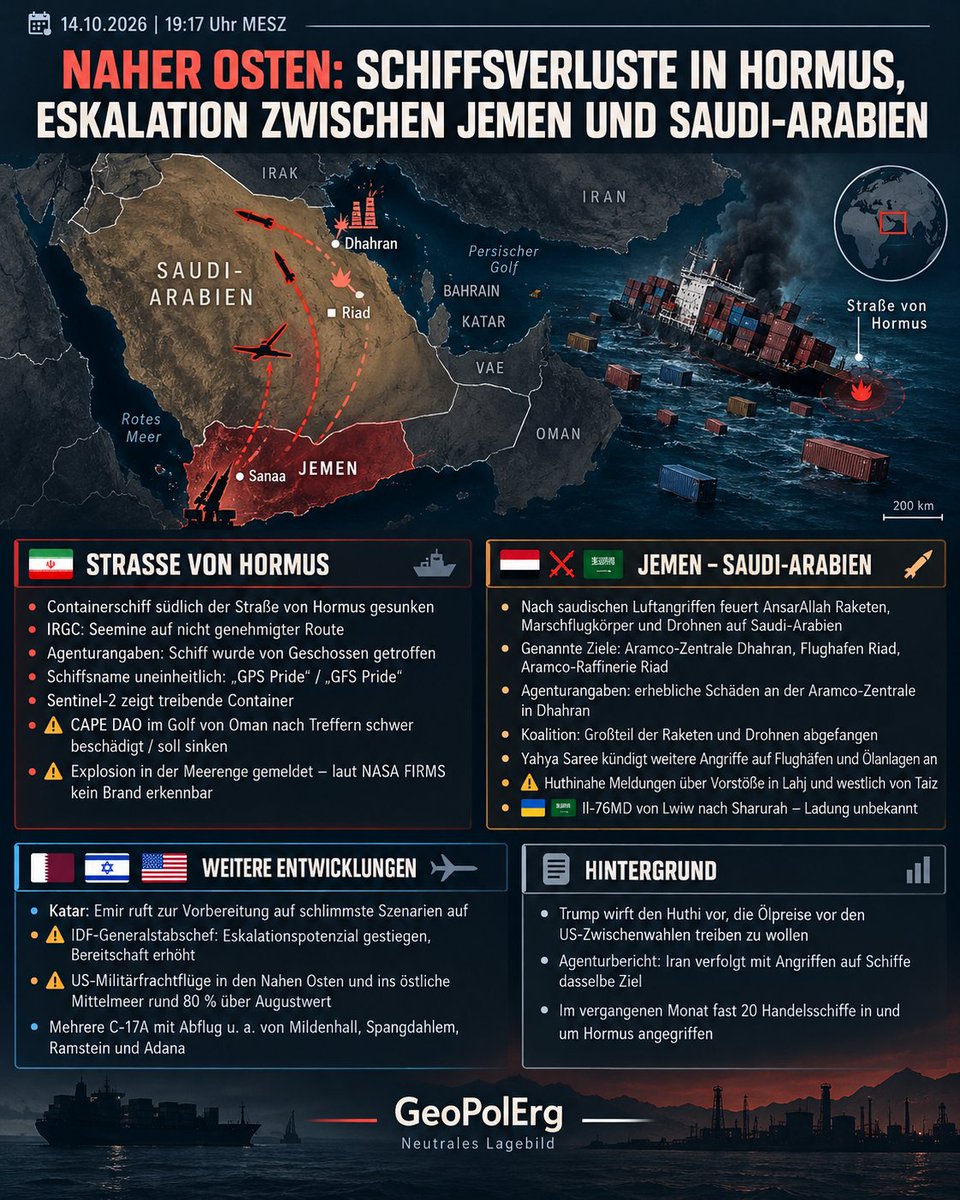 GeoPolErg's tweet photo. NAHER OSTEN: SCHIFFSVERLUSTE IN HORMUS, ESKALATION ZWISCHEN JEMEN UND SAUDI-ARABIEN

🇮🇷 STRASSE VON HORMUS

Südlich der Straße von Hormus ist ein Containerschiff gesunken. Die IRGC-Marine gibt an, das Schiff mit mehr als 2.500 Containern sei auf einer nicht genehmigten Route auf eine Seemine gelaufen. Nach Agenturangaben wurde es dagegen von Geschossen getroffen.

Der Name wird als „GPS Pride" und als „GFS Pride" angegeben. Sentinel-2-Aufnahmen zeigen treibende Container.

⚠️ Im Golf von Oman soll der Massengutfrachter CAPE DAO nach Treffern iranischer Geschosse sinken.

⚠️ Am Nachmittag wurde eine laute Explosion in der Meerenge gemeldet. Laut NASA FIRMS ist kein Brand erkennbar.

🇾🇪❌🇸🇦 JEMEN – SAUDI-ARABIEN

⚠️ Nach saudischen Luftangriffen auf Treibstofflager in Sanaa und Hodeidah feuerte AnsarAllah ballistische Raketen, Marschflugkörper und Drohnen auf Saudi-Arabien. Ziele waren die Aramco-Zentrale in Dhahran, der Flughafen Riad und die Aramco-Raffinerie in Riad.

Nach Agenturangaben erlitt die Aramco-Zentrale in Dhahran erhebliche Schäden, ein Feuer erfasste mehrere Stockwerke. Die Koalition gibt an, den Großteil der Raketen und Drohnen abgefangen zu haben.

Huthi-Sprecher Yahya Saree kündigt weitere Angriffe auf Flughäfen und Ölanlagen an.

⚠️ Nach huthinaher Darstellung rückten AnsarAllah-Kräfte im westlichen Lahj an den Fronten Aghbarah und Al-Mudaribah sowie westlich von Taiz vor.

🇺🇦🇸🇦 Eine ukrainische Il-76MD flog von Lwiw nach Sharurah nahe der jemenitischen Grenze. Die Ladung ist unbekannt.

🇶🇦 KATAR

Der Emir ruft vor dem Schura-Rat zur Vorbereitung auf die schlimmsten Szenarien in der Region auf:
„Wir müssen auf die schlimmsten Möglichkeiten vorbereitet sein, und jeder muss seine Verantwortung tragen, Institutionen und Bürger."

🇮🇱 ISRAEL

⚠️ Laut dem IDF-Generalstabschef hat das Eskalationspotenzial zugenommen. Die Bereitschaft wurde erhöht.

🇺🇸 USA

⚠️ Die US-Militärfrachtflüge in die Region liegen um 80 % über dem Augustwert. Mehrere C-17A Globemaster III starteten von Mildenhall, Spangdahlem, Ramstein und Adana.

📌 Quellen:
Reuters, NEXTA, Clash Report, OSINTWarfare, Rerum Novarum, MoloMonitor, MenchOsint, BeamTracker, unusual_whales, Israel War Room, Wolf, IWN, ISWNews, Iran Observer, The Hormuz Letter, Al-Araby TV, World Source News, Open Source Intel, Conflict, Flightradar24, Sentinel-2, NASA FIRMS

#Hormus #Iran #Jemen #Huthi #SaudiArabien #Aramco #Katar #NaherOsten