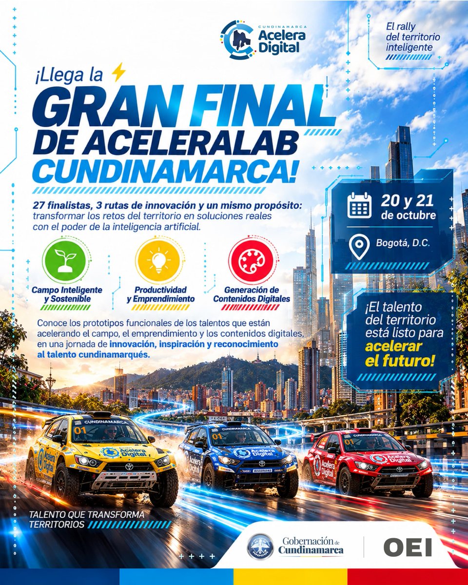 ColombiaOEI's tweet photo. 🏁🚀 Cundinamarca acelera hacia el futuro

¡Llegó la gran final de AceleraLab Cundinamarca! ⚡

27 finalistas, 3 rutas de innovación y un mismo propósito: transformar los retos del territorio en soluciones reales con el poder de la IA.

🔴 20 y 21 de octubre en Bogotá https://t.co/MAi22sGrHx