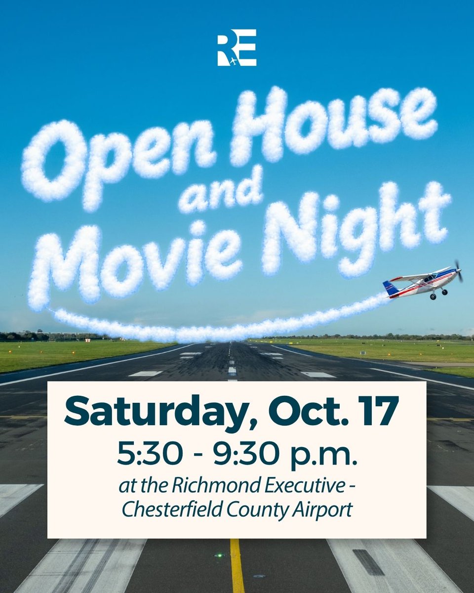 ChesterfieldVa's tweet photo. ✈️  The Richmond Executive-Chesterfield County Airport is back with its fourth annual Open House and Movie Night on Saturday, Oct. 17, and you're invited!
⏰ Gates open at 5:30 p.m. | Movie starts around 7:30 p.m.
🎟️ Free admission!
👉 Get the details: https://t.co/i3Tcnsrlws https://t.co/9FaQe0bSnR