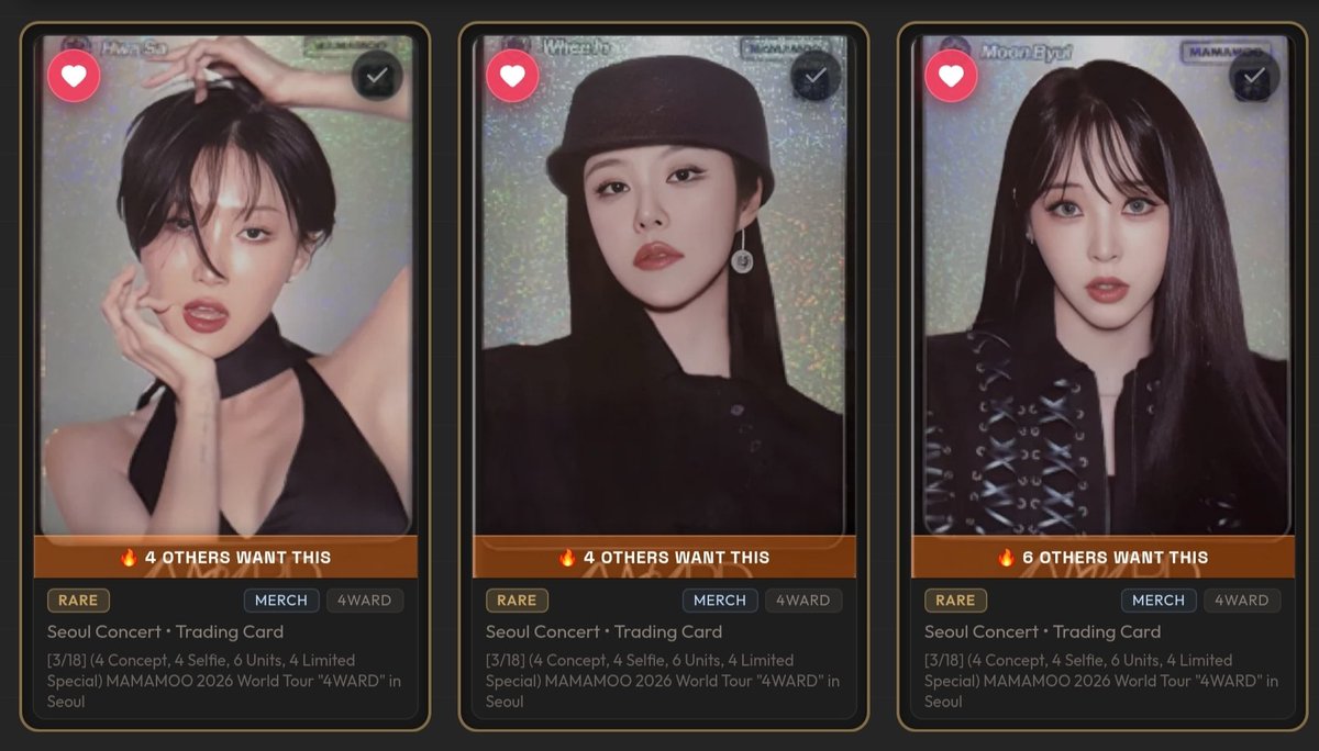 EllyTheMoo's tweet photo. (WTT) Limited trading cards

Have: Whee limited (Overseas pop-up store version, first pic) 
Want: Byul / Whee / Hyejin limited (Seoul version, second pic)

Can trade in Singapore, Tokyo concert, Taipei concert (and possible encore)

DM if interested in trading!

#MAMAMOO #마마무 https://t.co/seUTrGJBYg