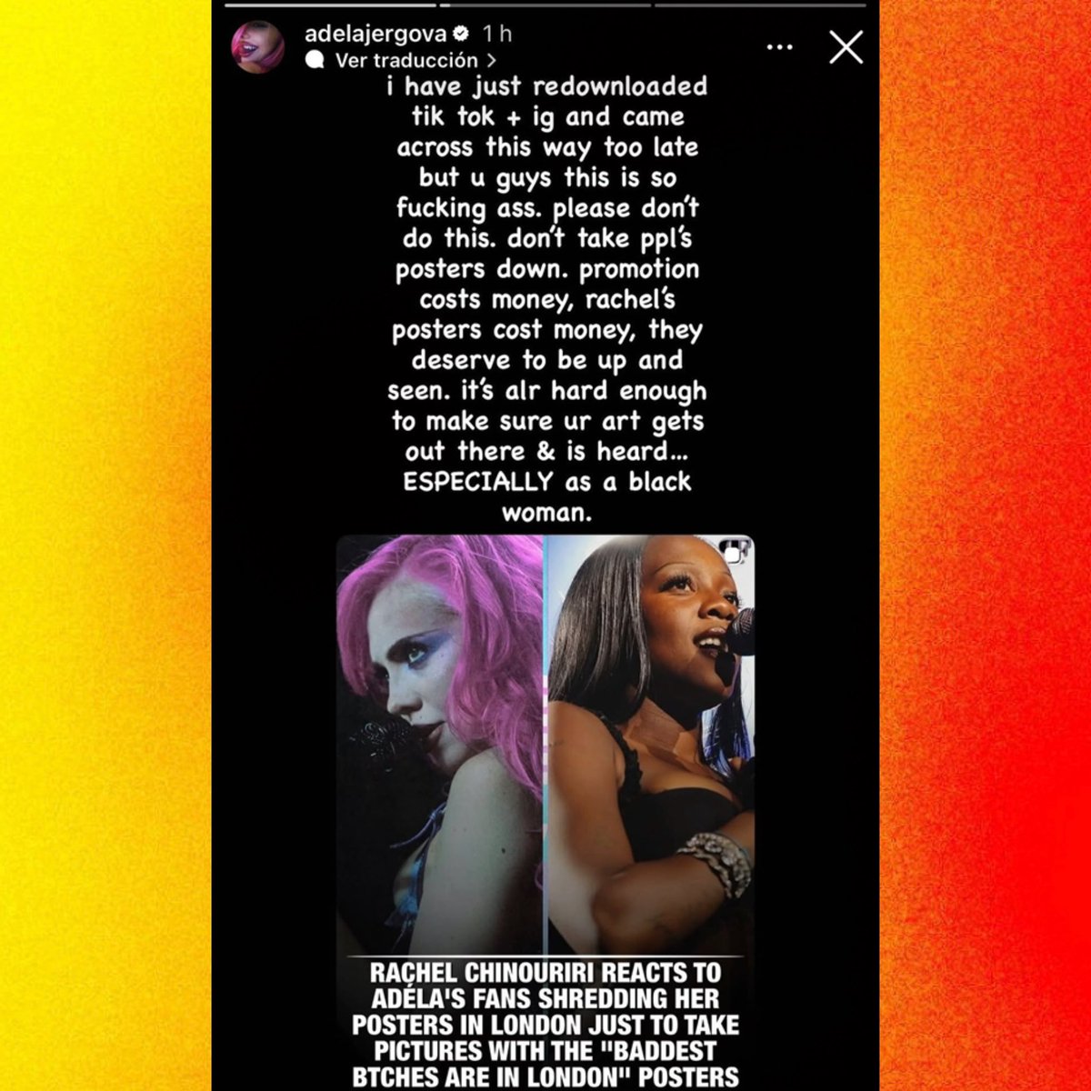 PopCrave's tweet photo. ADÉLA reacts to her fans taking down Rachel Chinouriri posters next to her “Baddest B*tches are in London’ promo:

“Rachel’s posters cost money, they deserve to be up and seen. It’s alr hard enough to make sure ur art gets out there &amp; is heard…ESPECIALLY as a black woman.” https://t.co/7eFvlY7XlG