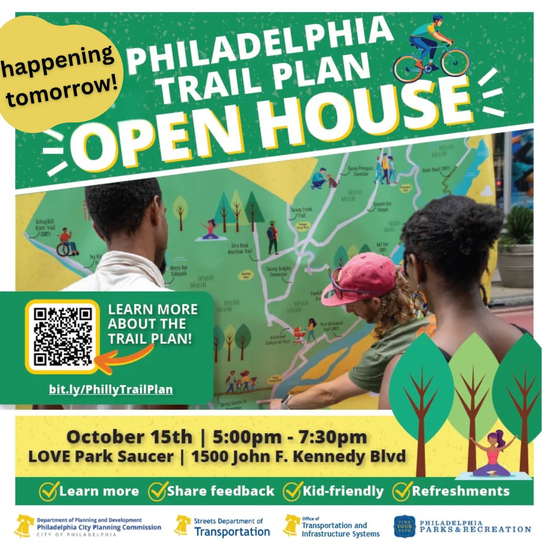 PHLPlanDevelop's tweet photo. HAPPENING TOMORROW!

You're invited to the Trail Plan Open House hosted by #PhilaPlanning! This is a family friendly event with tons of info, activity stations, and light refreshments, and we want to hear from you!

If you can't make it, take the survey! https://t.co/3e8szhhk2J https://t.co/nMDK6TxQX0