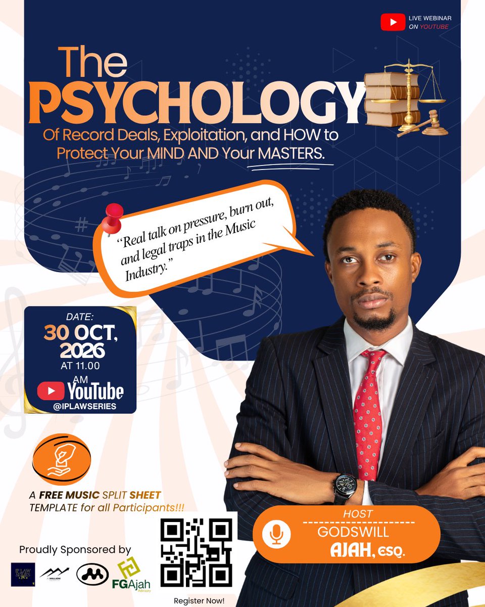 IPlawseries's tweet photo. There are lots of unspoken pressure, burnouts and legal traps faced in the creative space &amp; Industry. 

Join this insightful conversation on mental health and psychology on the 30th of October, 11:00AM WAT via the YouTube Link in Bio #music #webinar #iplawserieswithAjah https://t.co/dPQTMcX9Dg