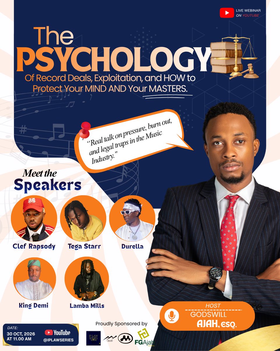 IPlawseries's tweet photo. There are lots of unspoken pressure, burnouts and legal traps faced in the creative space &amp; Industry. 

Join this insightful conversation on mental health and psychology on the 30th of October, 11:00AM WAT via the YouTube Link in Bio #music #webinar #iplawserieswithAjah https://t.co/dPQTMcX9Dg