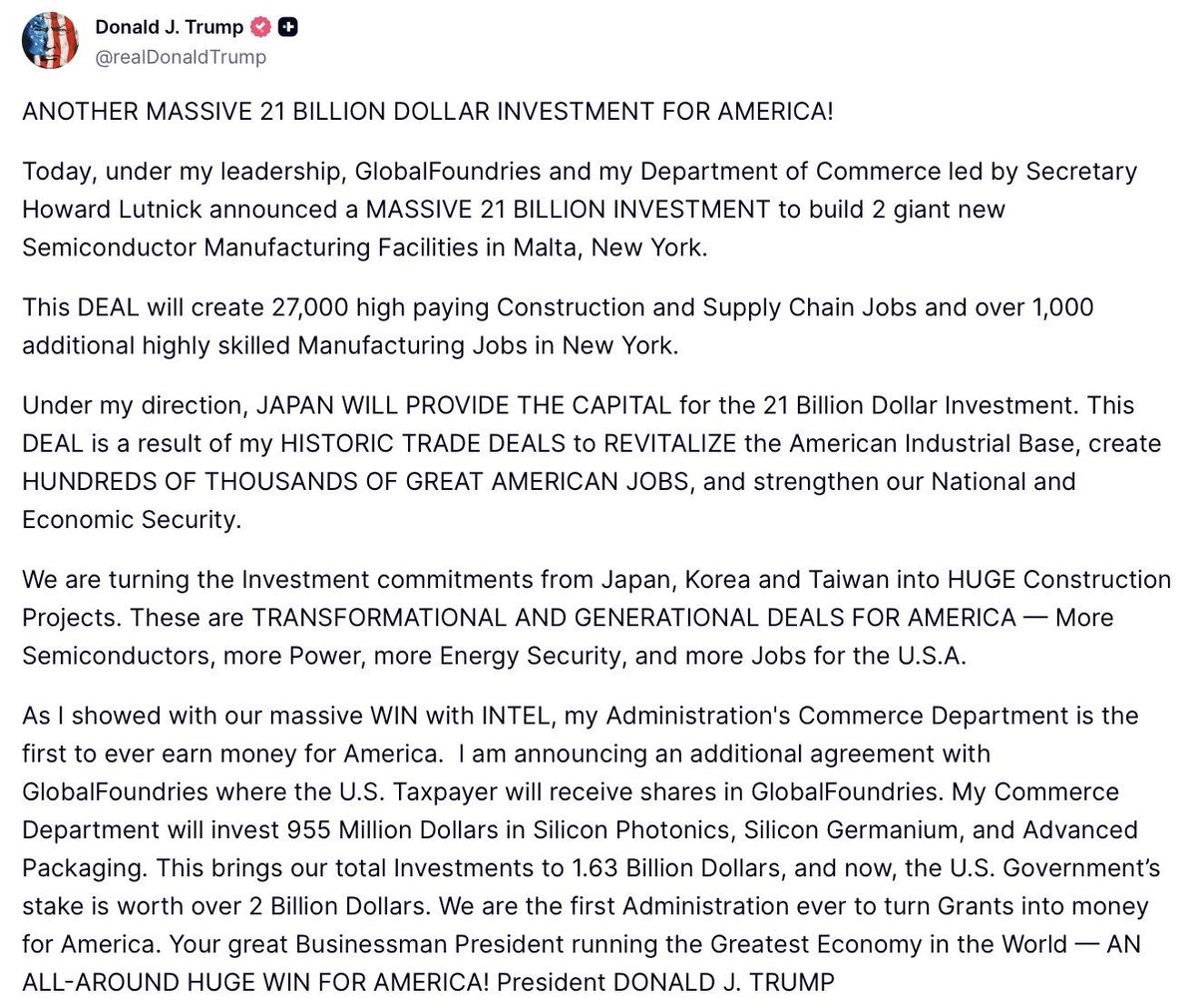 A screenshot of a social media post by Donald J. Trump, consisting mostly of text about a semiconductor investment and related jobs and government agreements.
