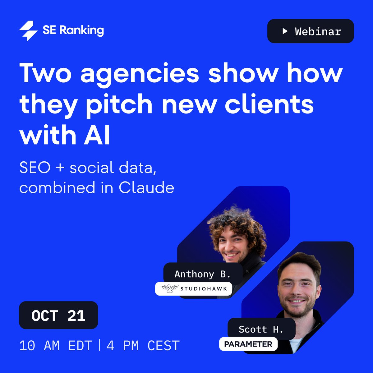 SERanking's tweet photo. ⚡ Free webinar on October 21 with Anthony Barone and Scott Hircombe 

Watch a first client call become a proposal-ready brief. Call transcript and prospect URL go in, SE Ranking data and Planable social listening come back, one brief comes out.

Built live in Claude on a real account, for agency teams who pitch. 

📍 Register now for free: https://t.co/L9Hf03k03l