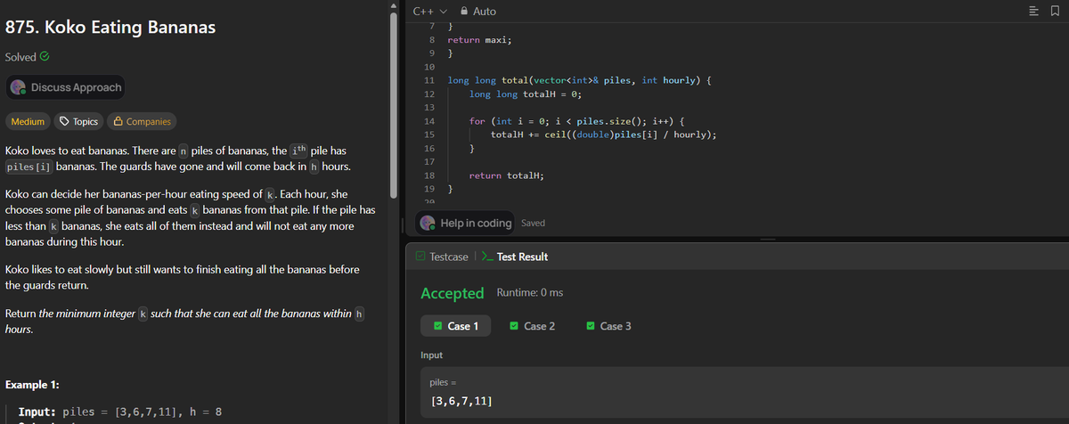codee_99's tweet photo. Day 19/100 of #100DaysOfCode

Solved Koko Eating Bananas
Practiced Binary Search on Answers to find the minimum eating speed within a given time constraint.
Another day of building problem-solving skills, one problem at a time.

#DSA #CPlusPlus #LeetCode https://t.co/sbhNM2rFET