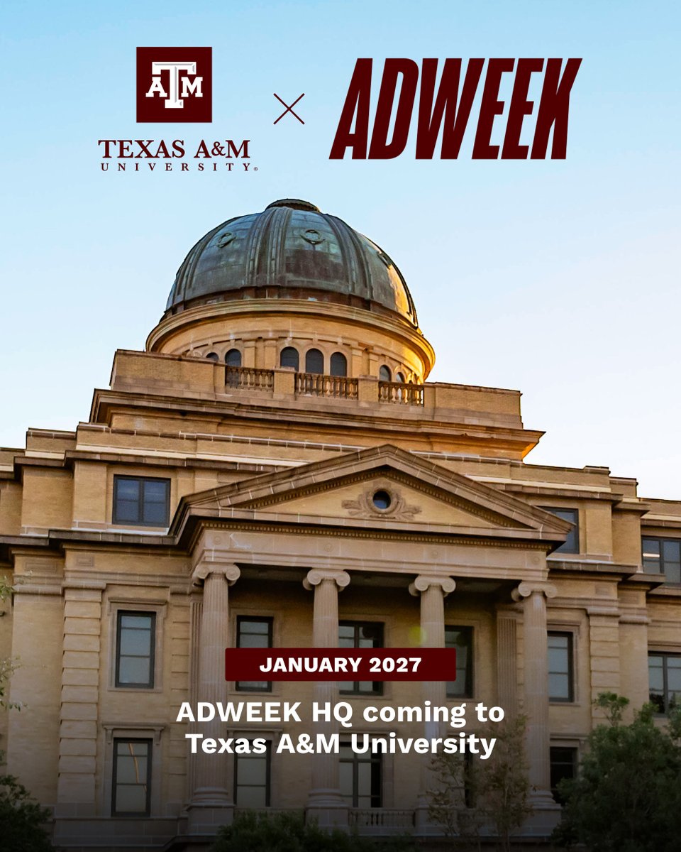 TAMU's tweet photo. Introducing @Adweek's Texas A&M HQ, a year-long partnership starting in 2027 connecting business and brand leaders with students, faculty, former students and university leadership to create transformational opportunities for the Texas A&M community while sharing Aggie stories with a national audience.

🔗: https://t.co/lOt3DXP8ch
