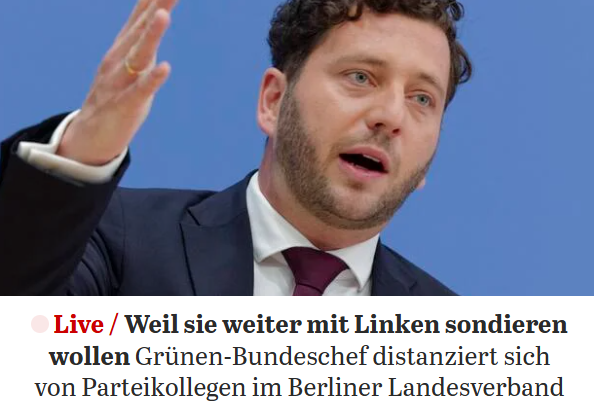 ChristianLatz_'s tweet photo. Grünen-Parteichef Felix Banaszak distanziert sich von den Berliner Grünen. „Die Linke hat die zugesagten Verabredungen nicht eingehalten. Die Verantwortung für die Verhandlungen und deren Konsequenzen liegen bei den Spitzenkandidaten und Landesvorsitzenden in Berlin." Rumms. https://t.co/yFxzuRPb5G