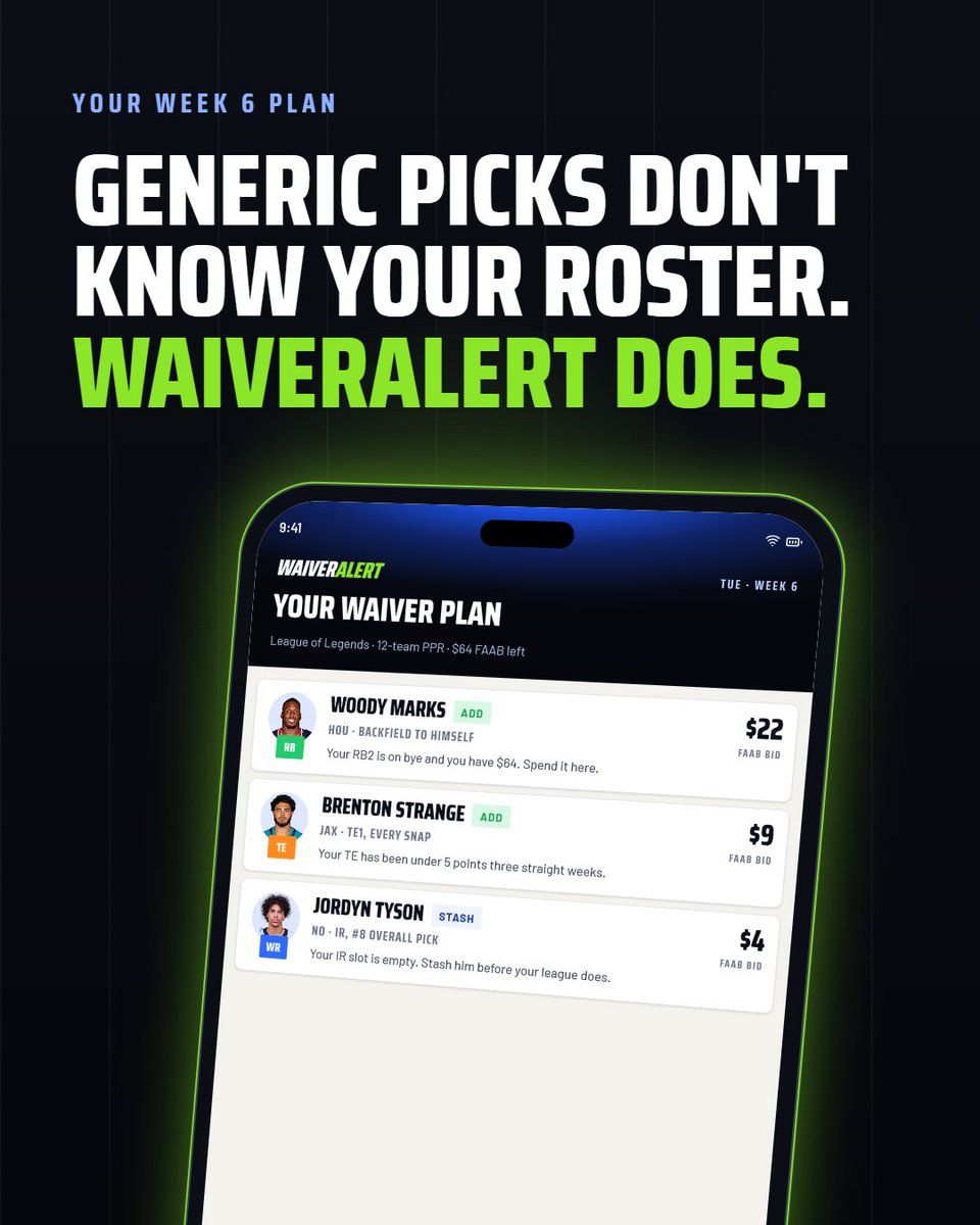 passeroal's tweet photo. Stop guessing on waivers. 🏈

Adds, drops &amp; FAAB bids built for your Sleeper roster.
First report free: https://t.co/qkiy2GVjF0

Example plan shown. https://t.co/IIAN0udJnB