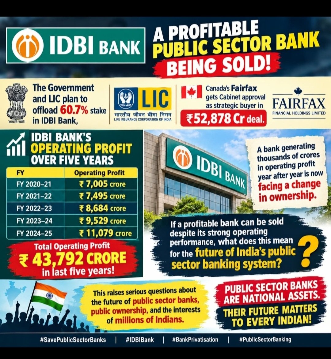 nilesh_pawar15's tweet photo. @IDBI_Bank  is not just a bank—it is part of India’s developmental legacy.

Established to meet the long-term financing needs of industry and agriculture, IDBI played a vital role in financing industrial growth and nation-building.

Selling it to a private bank raises a fundamental question: Should institutions built to serve the nation’s developmental needs be governed primarily by private profit?

Public interest, affordable credit, financial inclusion and India’s long-term economic priorities must not become secondary to commercial interests.

A nation’s financial institutions are more than assets on a balance sheet. Protect the public interest. Protect IDBI.

#SaveIDBI  #PublicSectorBanking