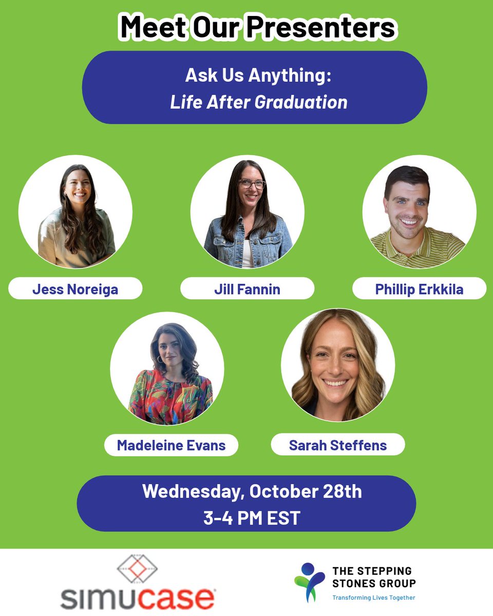 SSG_Careers's tweet photo. Calling all future SLPs! We’ve teamed up with Simucase once again for a FREE live webinar:
Ask Us Anything: Life After Graduation
Wednesday, October 28
3:00–4:00 PM EDT 

Reserve your spot today: https://t.co/XEnmotJsxw

#Simucase #TheSteppingStonesGroup #SLP #FutureSLP https://t.co/Vg1YxQggQD