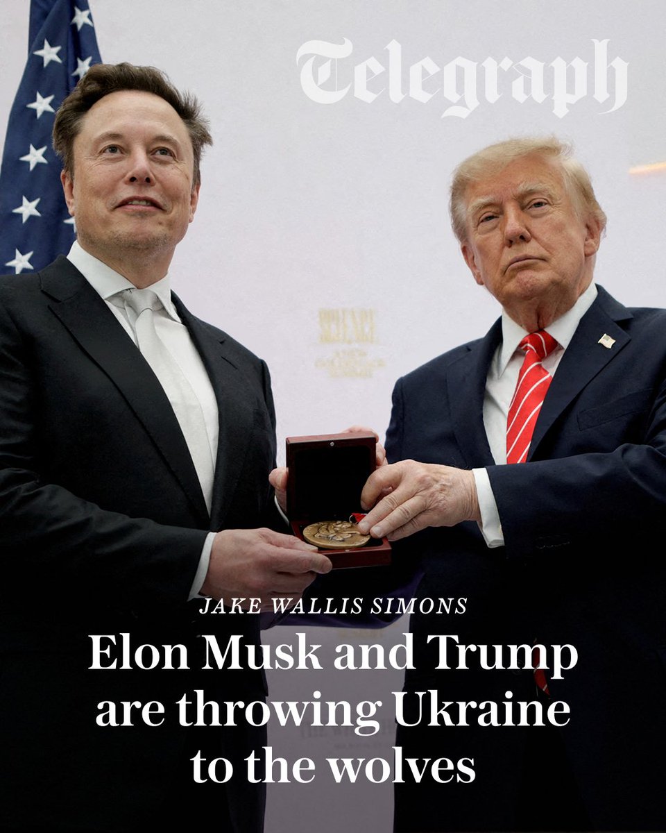 Telegraph's tweet photo. 'Donald Trump’s fondness for Putin – one of the only major world leaders that he has not publicly insulted – is less a one-off than a pattern of pathology, and Elon Musk is rallying to the Maga flag.'

@JakeWSimons says Ukraine can now count the world’s richest man among its enemies after Starlink restrictions reportedly disrupted frontline operations ⤵️
https://t.co/gID034KKlI