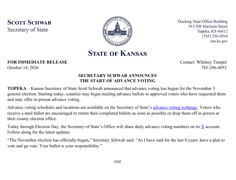 KansasSOS's tweet photo. Release: Secretary Schwab Announces The Start Of Advance Voting #ksleg #kselections https://t.co/T0BqKc6gLa