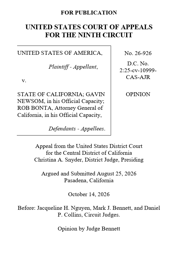 scotus_wire's tweet photo. BREAKING: The Ninth Circuit ruled that California cannot require federal immigration agents and other federal officers to display identification during enforcement operations, finding the law violates the Constitution's Supremacy Clause. https://t.co/xynkrYFUgv