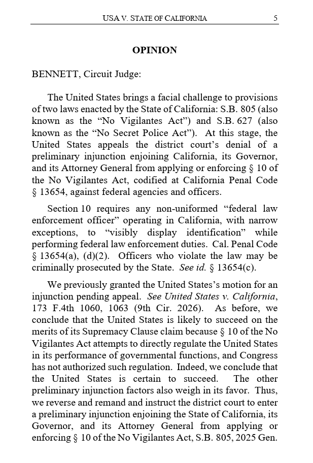 scotus_wire's tweet photo. BREAKING: The Ninth Circuit ruled that California cannot require federal immigration agents and other federal officers to display identification during enforcement operations, finding the law violates the Constitution's Supremacy Clause. https://t.co/xynkrYFUgv