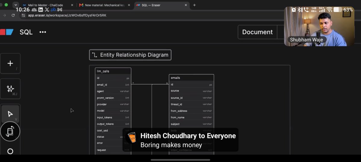 raaaghavvvvv's tweet photo. Man this is such a good AI usecase will definitely iterate over this. 
In today's Wednesday webinar @wjshubham designed a DB keeping AI around the business requirements. Was very informative. 
@Hiteshdotcom @ChaiCodeHQ @yntpdotme @nirudhuuu https://t.co/nEUHBvXQjr