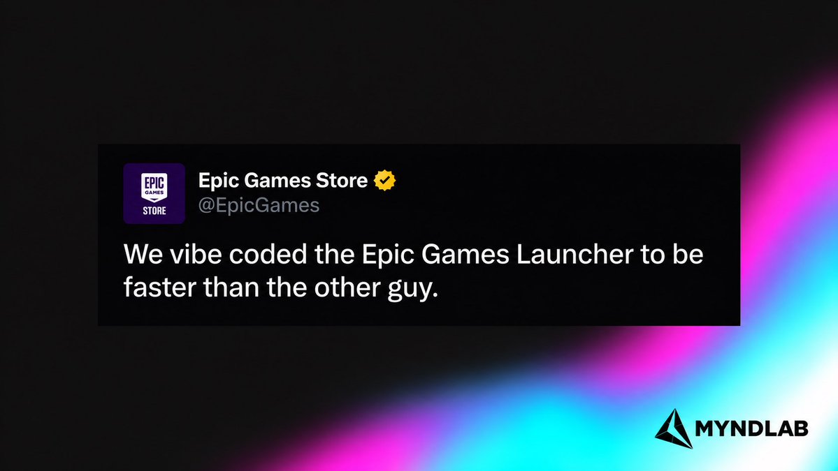 Myndlab_ai's tweet photo. Just in:

Epic Games, the company behind Fortnite, says it vibe coded its new launcher.

We’ve watched people use AI to build personal websites and tools for their businesses and teams.

As believers in building with AI, we see this as another step toward mainstream AI-assisted development.

Established software teams are putting these tools to work on products they already maintain.

It makes us curious about what gets rebuilt next.

Has your team shipped a product or internal tool using AI-assisted coding? 

Tell us what it does.