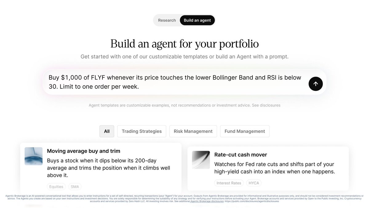 public's tweet photo. One of the most common use cases for our AI Agents has been monitoring technical indicators to trigger trades. 

For context, here's a list of the indicators agents can read:

Price & Market Data:
- Current price, bid, ask, last price
- Daily open, high, low, close
- Volume (current and average)
- VWAP (Volume Weighted Average Price)

Technical Indicators:
- Moving averages (SMA, EMA) over custom periods
- RSI (Relative Strength Index)
- MACD (Moving Average Convergence Divergence)
- Bollinger Bands
- Price % change over a period 
- Drawdown from a high / run up from a low

You can merge multiple indicators into a strategy for your agent to run.