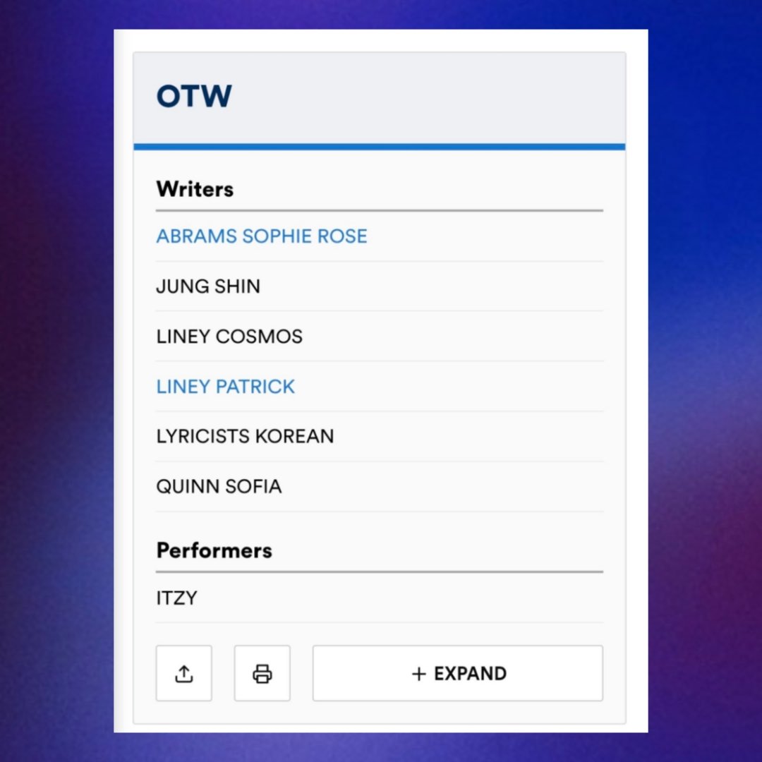 itzypopbase's tweet photo. A new track titled “OTW” has been registered under ITZY on ASCAP, written by Sofia Quinn. 

Sophia Quinn previously wrote ‘Killshot’, ‘Supernatural’, ‘Mr. Vampire’ and ‘Psychic Lover’ for ITZY. https://t.co/ehemFrooa9