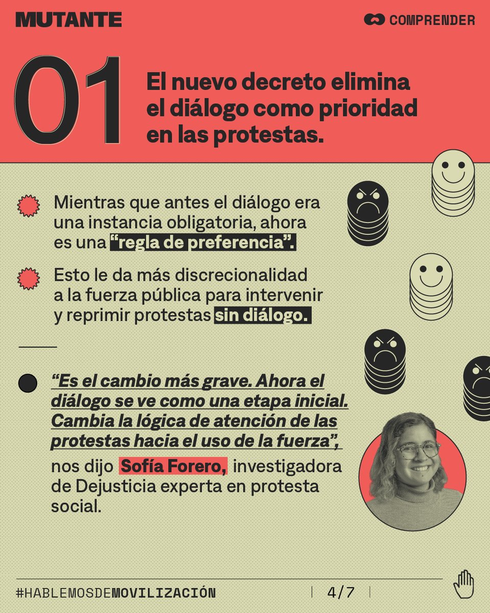 MutanteOrg's tweet photo. ❗ Al mismo tiempo, el Gobierno “estrenará” hoy un nuevo decreto que regula la protesta social (el 1525 de 2026), el cual elimina garantías conseguidas por las víctimas de violencia policial que hasta ahora estaban vigentes en la normativa anterior, el decreto 003 de 2021.

💬 Y tú, ¿qué dudas o inquietudes tienes sobre las garantías del derecho a la protesta en el Gobierno De la Espriella?